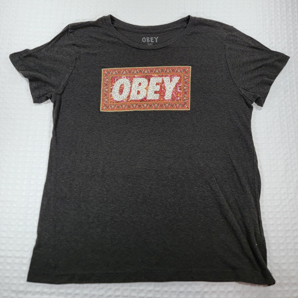 Obey Has a Posse Graphic T-Shirt Charcoal Gray Heather Large Paisley Logo Tee